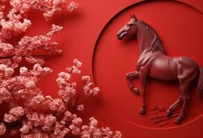 ai gerado ano do a cavalo e flores em vermelho fundo foto