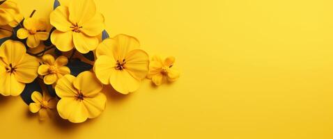 ai gerado amarelo flores com folhas contra uma brilhante amarelo fundo foto