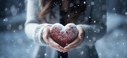 ai gerado mulheres segurando coração em forma neve em seus mãos a neve é queda dentro frente do eles foto