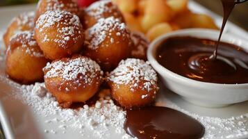 ai gerado massa bolas com açúcar pó e chocolate molho em uma placa. Comida foto. Alto qualidade. ai generativo foto