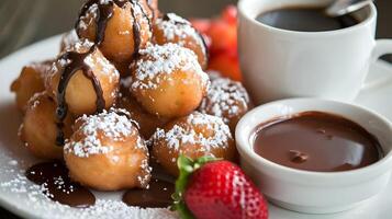 ai gerado Comida foto do massa bolas com chocolate molho, morangos, e em pó açúcar. Alto qualidade. ai generativo