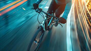 ai gerado a sobrecarga tiro do ciclista em uma bicicleta em a asfalto estrada. Alto velocidade. Alto qualidade. ai generativo foto