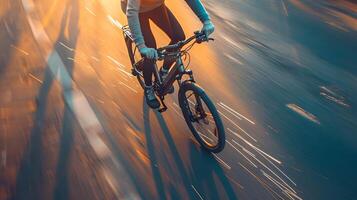 ai gerado a sobrecarga tiro do ciclista em uma bicicleta em a asfalto estrada. Alto velocidade. Alto qualidade. ai generativo foto