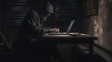 ai gerado misterioso ninja trabalhando com computador portátil dentro uma porão, neural rede gerado arte foto