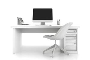 ai gerado escritório local de trabalho escrivaninha dentro frente do esvaziar cadeira isolado em branco fundo, neural rede gerado imagem foto
