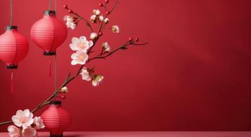 ai gerado dois chinês lanternas em uma vermelho parede com Rosa flor decoração foto