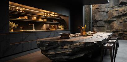 ai gerado uma lindo e moderno cozinha fez a partir de Preto mármore, foto