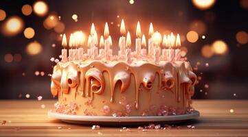 ai gerado uma dourado aniversário bolo com cinco velas foto