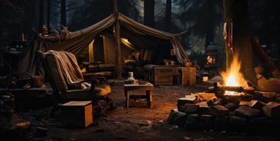 ai gerado uma barraca com uma acampamento fogo e Histórico em a terra foto