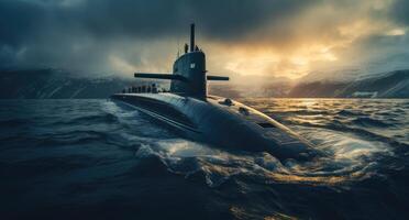 ai gerado uma marinha submarino em a oceano com nublado céu dentro a fundo foto