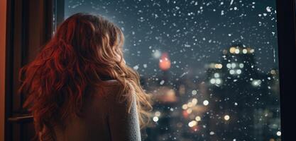 ai gerado uma mulher olhando Fora do uma janela às uma Natal cidade foto