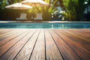 ai gerado uma de madeira prancha em a piscina área perto guarda-chuvas, foto