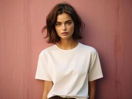 ai gerado uma menina dentro uma branco camisa e uma Preto par do jeans posando contra uma Rosa parede, foto