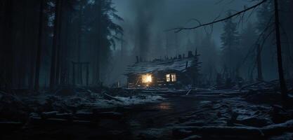 ai gerado a velho cabine sentado dentro a meio do uma Nevado floresta com nada dentro a fundo foto