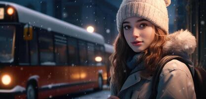 ai gerado lindo retrato do menina em pé dentro a neve olhando às uma ônibus ou rua cena foto