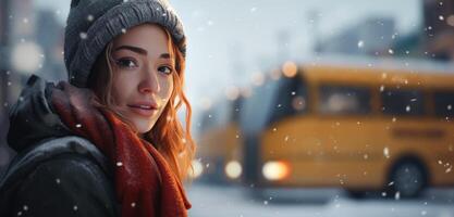 ai gerado lindo retrato do menina em pé dentro a neve olhando às uma ônibus ou rua cena foto