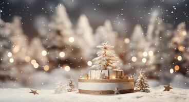 ai gerado Natal Casamento bolo com árvore e flocos de neve dentro a fundo foto