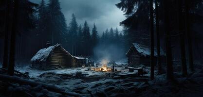 ai gerado a velho cabine sentado dentro a meio do uma Nevado floresta com nada dentro a fundo foto