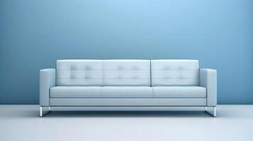 ai gerado minimalista azul claro sofá em luz azul fundo, neural rede gerado imagem foto