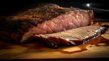 ai gerado fechar-se Visão do de dar água na boca tentador ampla fatiado peça do recentemente cozinhou carne, neural rede gerado imagem foto