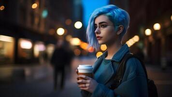 ai gerado jovem lindo de cabelo azul femine mulher às noite cidade rua segurando cartão copo do café, neural rede gerado cenário foto