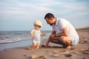 ai gerado pais dia. Papai e bebê filho jogando juntos em arenoso praia, neural rede gerado fotorrealista imagem foto