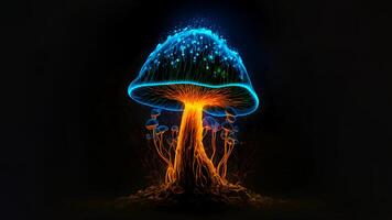 ai gerado brilhando Magia cogumelo em Preto fundo, neural rede gerado arte foto