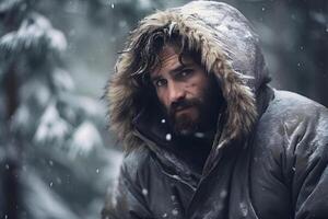 ai gerado jovem adulto caucasiano homem dentro inverno floresta às Nevado dia, neural rede gerado fotorrealista imagem foto