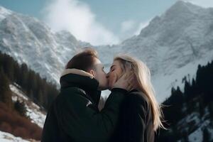 ai gerado amoroso casal se beijando dentro montanhas em fundo do neve coberto pico às luz do dia, neural rede gerado imagem foto