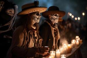 ai gerado dois fantasiado cowboys com crânio Maquiagem dentro frente do uma mesa com velas às a evento para dia de los muertos às noite, neural rede gerado imagem foto