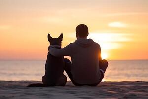 ai gerado amizade conceito. homem e cachorro sentado juntos às mar de praia e olhando às pôr do sol, neural rede gerado arte foto