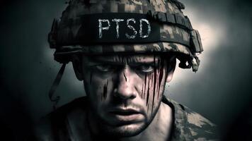 ai gerado soldado com cartas ptsd - postar traumático estresse transtorno - em dele capacete, neural rede gerado arte foto