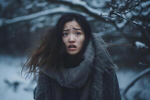 ai gerado ásia mulher perdido dentro Nevado inverno floresta às dia, neural rede gerado fotorrealista imagem foto