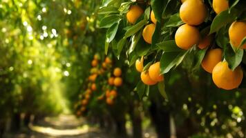 ai gerado laranjas amadurecimento às agricultura Fazenda às ensolarado verão dia, neural rede gerado fotorrealista imagem foto