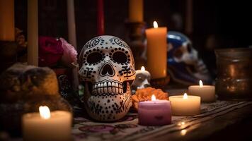 ai gerado ornamentado branco sculls com velas e flores para dia de los muertos ou dia do a morto celebração, neural rede gerado imagem foto