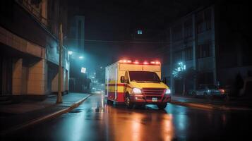 ai gerado emergência ambulância carro comovente velozes em noite americano cidade centro da cidade distrito com movimento borrão, neural rede gerado arte foto
