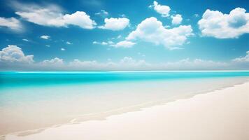 ai gerado verão de praia fundo. branco areia, turquesa mar e azul céu, neural rede gerado arte foto