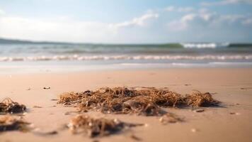 ai gerado fechar-se mar surfar e areia de praia às ensolarado dia, neural rede gerado fotorrealista imagem foto