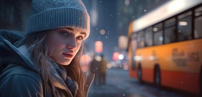 ai gerado lindo retrato do menina em pé dentro a neve olhando às uma ônibus ou rua cena foto