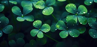 ai gerado trevo folhas e gramíneas perto verde fundo com água gotas foto