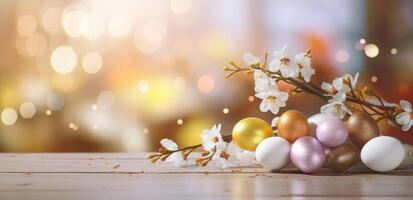 ai gerado colori Páscoa ovos dentro uma de madeira mesa e Primavera flores foto