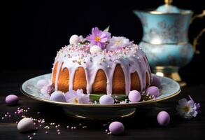 ai gerado Páscoa bundt bolo com geada foto