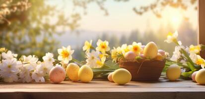 ai gerado Páscoa ovos e flores dentro a meio do uma de madeira mesa foto