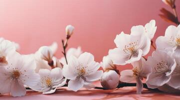 ai gerado Rosa e branco flores em Rosa fundo foto