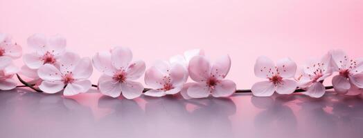 ai gerado Rosa flores flutuando em a Rosa superfície, cópia de espaço foto