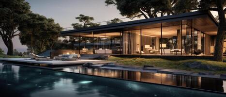 ai gerado moderno casa com piscina e árvore foto