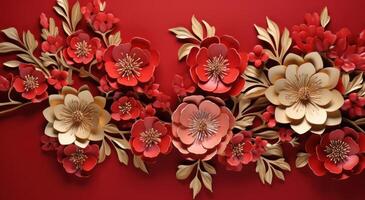 ai gerado vermelho e ouro chinês papel floral fundo fundo padronizar foto