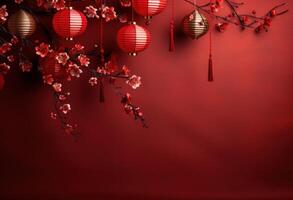 ai gerado vermelho fundo com China papel lanternas e cereja flores foto