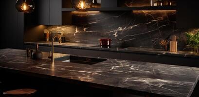ai gerado polido Preto mármore bancada com pingente iluminação dentro uma clássico moderno cozinha foto