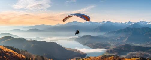 ai gerado parapente dentro uma enevoado dia dentro a montanhas foto